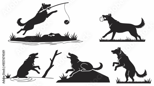 Loyal Canine Activity Silhouettes Training Running Jumping Howling Vector Set for Pet Care and Outdoor Adventure Graphics