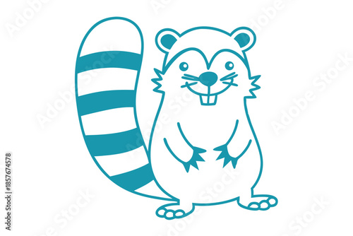 Outlined cartoon raccoon stands upright, smiling, displaying its striped tail, rendered in teal