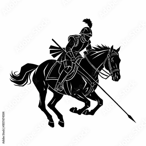 Silhouette of a Knight in Full Armor Riding a Horse with a Lance.