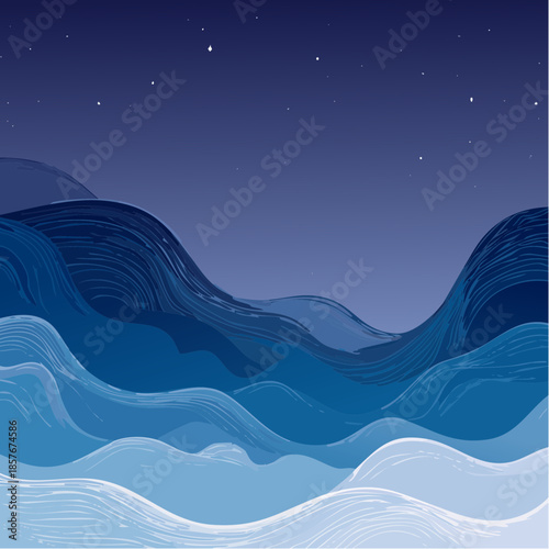 Abstract nocturnal landscape with flowing blue contours under a starlit sky, evoking a sense of calm and natural beauty