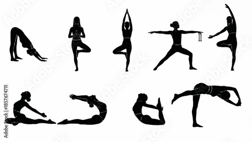 Various yoga poses performed by individuals in different stances and flexibility exercises