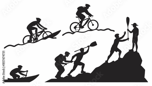 Extreme Outdoor Adventure Sports Silhouettes Set Biking Kayaking Climbing Hiking Teamwork Success Motivation Graphic