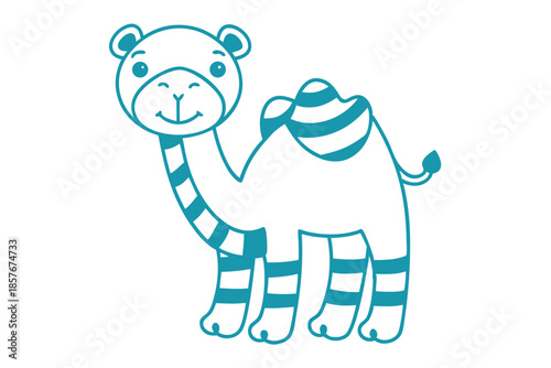 Cheerful blue striped cartoon camel stands smiling against a bright white background