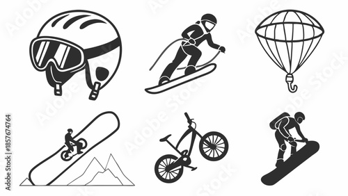 Action Sports Adventure Icons Set Snowboarding Skiing Biking Paragliding Helmet Gear Outdoor Activities Vector Graphic Design