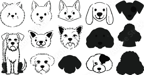 Set of Hand Drawn Dog Breeds Illustrations and Silhouettes