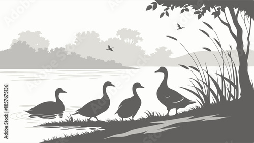 Four Geese Walking In Line Silhouette Illustration Nature Scene Wildlife Leadership And Following Process Teamwork Grayscale