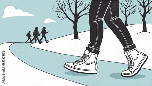 Young Adult Walking in High Top Sneakers on Snowy Park Path Vector Illustration Winter Outdoor Leisure and Fitness Activity Graphic Design