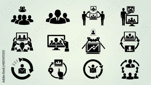 A collection of business icons representing teamwork, leadership, and data analysis displayed on a light background