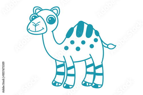 Smiling cartoon camel outline with blue spots and stripes appears friendly and approachable