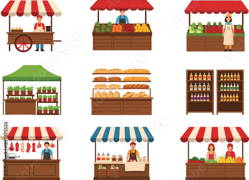 Set of market stall vector illustrations featuring street food vendors, produce stands, bakery shelves, and butcher shops isolated on white background.