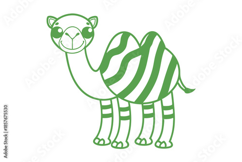 Smiling dromedary silhouette shows stripes against its humps and legs in monochrome style