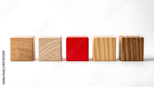 Unique red wooden block standing out among natural wooden blocks on a clean white background, symbolizing individuality and distinctiveness in a harmonious arrangement.