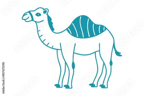 Teal outline shows a calm camel standing sideways on a white backdrop