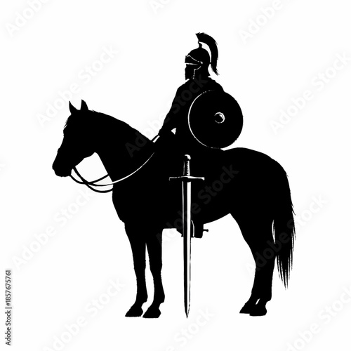 Silhouette of a Roman Soldier on Horseback with Sword and Shield.