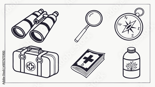 Survival and Exploration Gear Line Icons Set First Aid Kit Compass Binoculars Magnifying Glass Essential Tools for Emergency Preparedness Minimalist Illustration