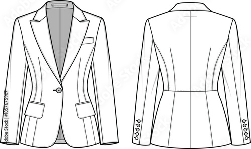 Technical blazer vector illustration, fashion flat sketch, front and back views, garment design template, tailored jacket drawing, apparel construction, clothing blueprint