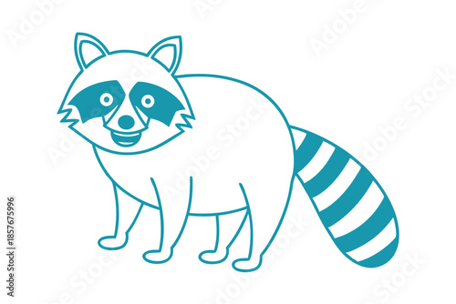 Isolated turquoise outlined raccoon smiling joyfully stands on the white background looking directly