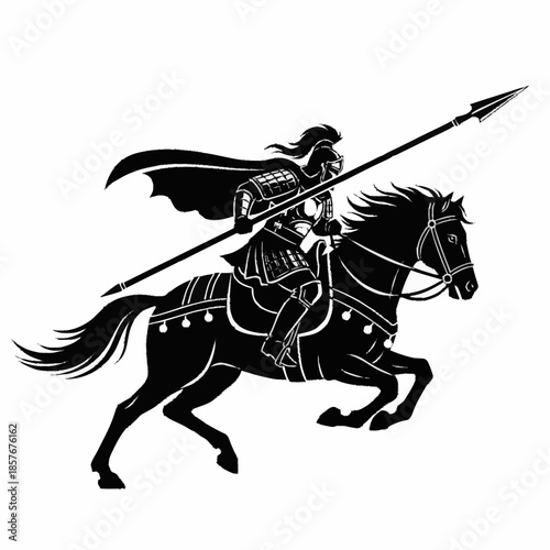 Silhouette of a Warrior Knight on Horseback with Spear.