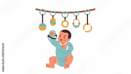 Baby playing with a rattle under a baby gym.