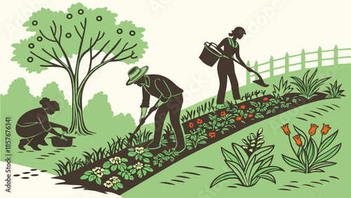 Vintage Illustration of Gardeners Planting Organic Crops Sustainable Farming Teamwork and Community Agriculture Labor