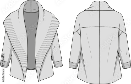 Technical cardigan vector illustration, fashion flat sketch, open-front shawl collar design, front and back views, garment template, apparel construction, clothing blueprint