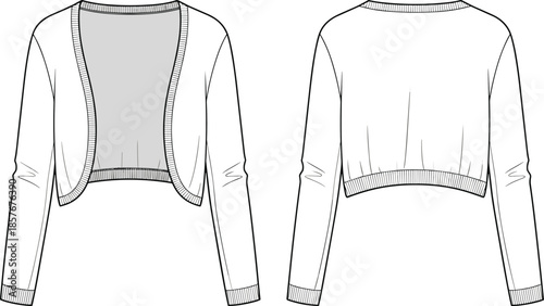 Technical cropped cardigan vector illustration, fashion flat sketch, front and back views, open front design, garment template, clothing blueprint, apparel construction