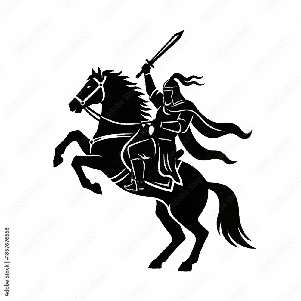 Fototapeta premium Warrior Knight on Horseback with Sword Raised High.