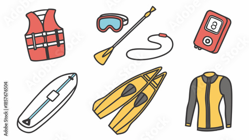 Hand Drawn Water Sports Safety Gear Icons Set Life Vest Paddle Fins Wetsuit Summer Activity Illustration
