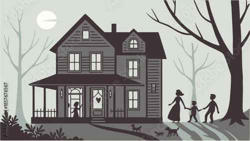 Family Arriving at Large Mysterious Victorian House at Dusk Spooky Rural Home Scene for Horror Stories and Halloween Design