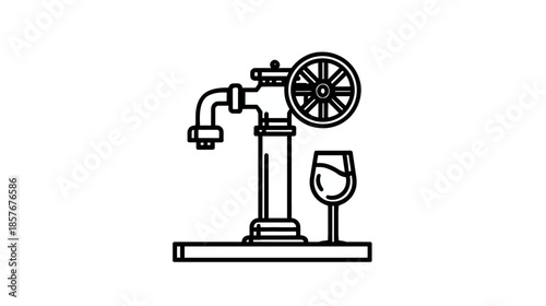 Vintage Beer Tap and Wine Glass Outline Icon. Craft Beverage Dispenser Minimalist Vector Line Art Illustration.