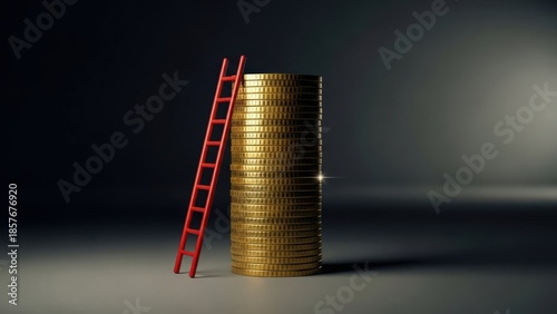 A red ladder leaning against a stack of gold coins