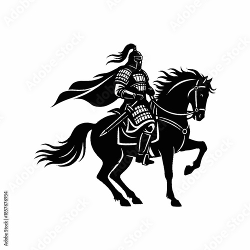 Warrior Riding Horse Silhouette Black and White.