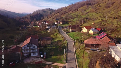 Aerial View of Moeciu de Jos Village in the Carpathian Mountains, Romania