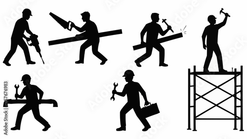 Silhouettes of Construction Workers Performing Various Tasks.