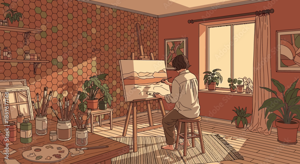Fototapeta premium Artist Painting Landscape in a Sunlit Studio with Plants
