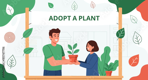 Adopt a Plant Event: Man gives potted plant to woman, eco-friendly lifestyle concept