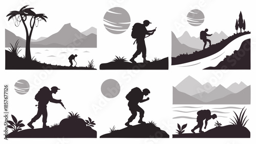 Outdoor Adventure Silhouette Graphic Set Hiker Trekking Climbing and Searching in Mountain Wilderness Landscape Illustration for Travel Web Design