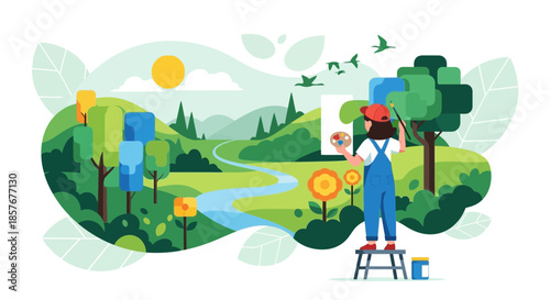 Artist painting a vibrant landscape with trees, river, and sun. Creative nature inspiration.
