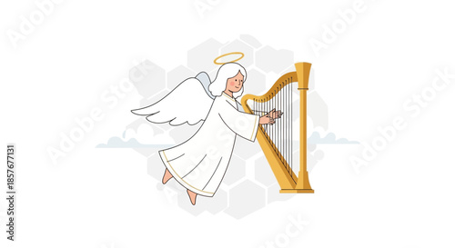 Angel Playing Harp with Halo and Wings, Celestial Music Illustration