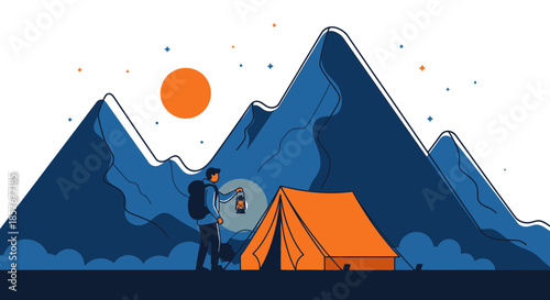 Backpacker with lantern beside tent at night in mountainous landscape, adventure concept