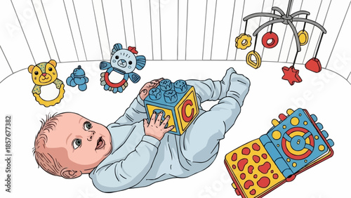 Baby playing with toys in a crib, looking up.
