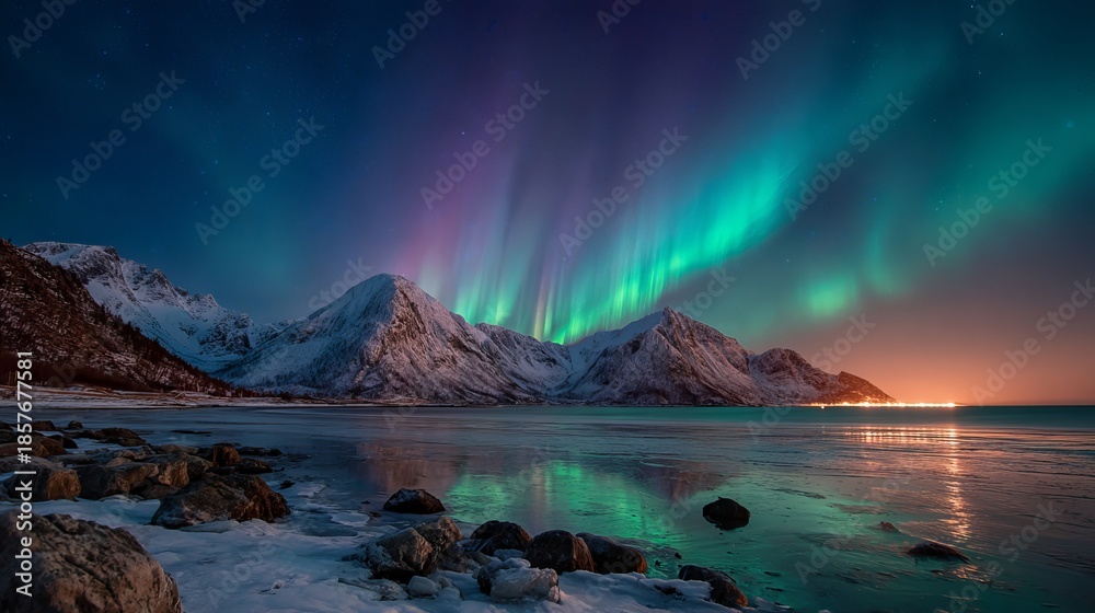 Naklejka premium The lake reflects the Aurora Borealis over the snow-covered mountains. The frozen sea, the snow-covered mountains, and the water's reflection on a winter's night. Norway's Lofoten. Snow-covered rocks 