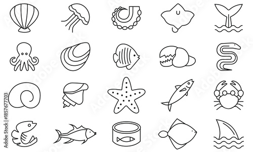 Seafood icon set. Outline icons of fish and seafood like fish, starfish, oyster, lobster, jellyfish, tortoise, eel, crab and more. Vector illustration. 