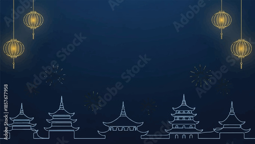 Nighttime illustration of pagodas and lanterns in a serene cultural setting