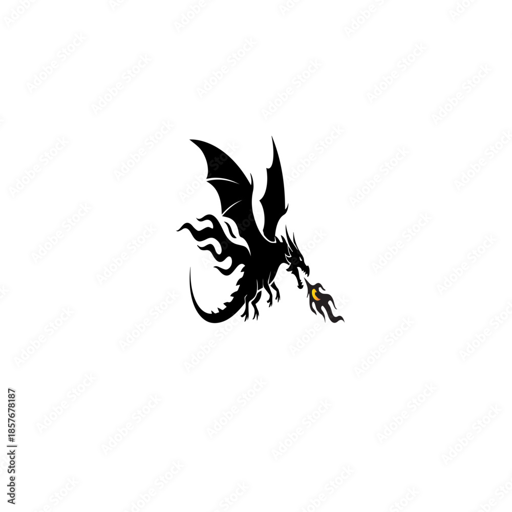 Fototapeta premium Black Silhouette Dragon Breathing Fire.