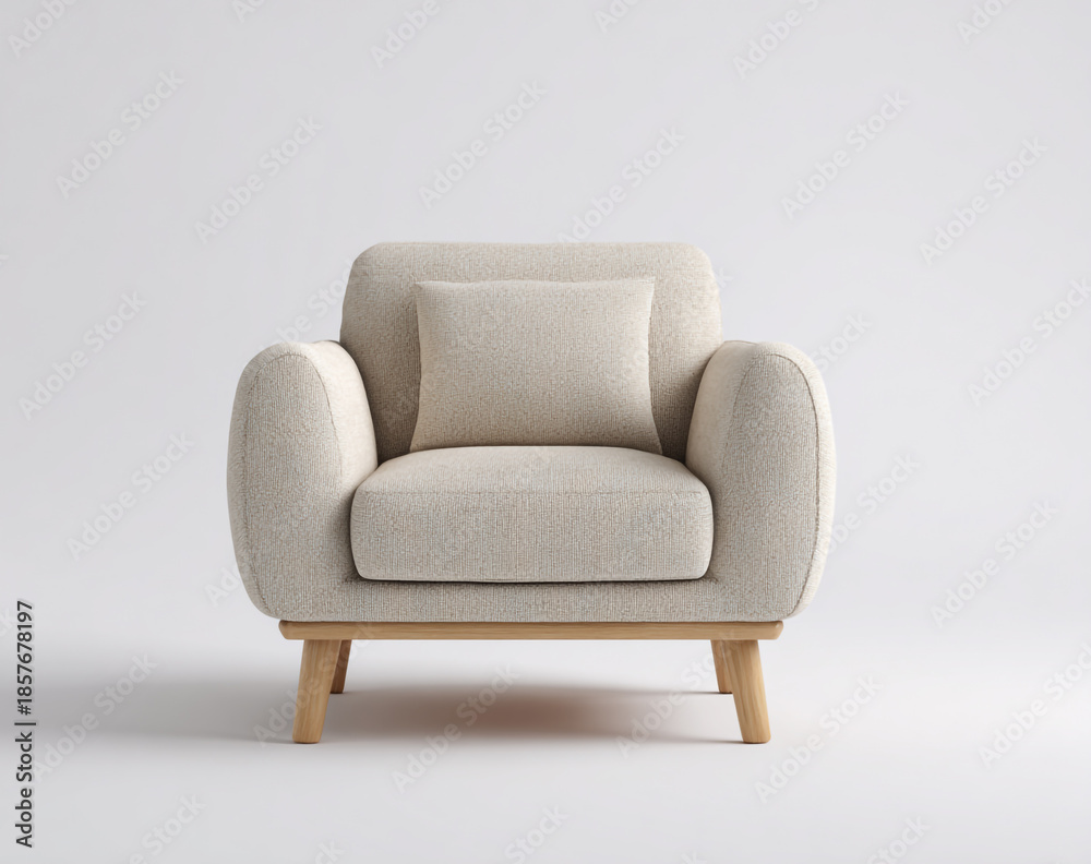 Fototapeta premium A professional studio shot of a contemporary beige fabric armchair with wooden legs and two patterned pillows, set against a clean, minimalist white background.