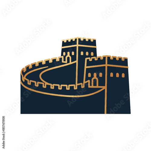 A stylized illustration of a fortified medieval castle with golden outlines against a white background