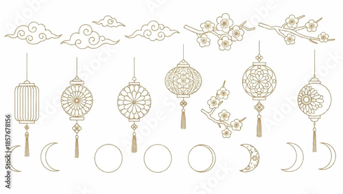 Ornate lanterns and celestial elements in a serene, illustrated scene