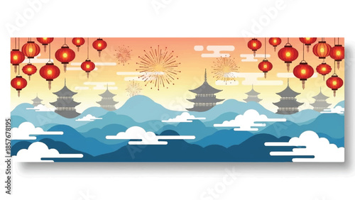 A serene landscape featuring mountains, pagodas, and lanterns at dusk with a vibrant sky