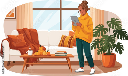 Young woman browsing tablet in cozy autumn living room with fall decor